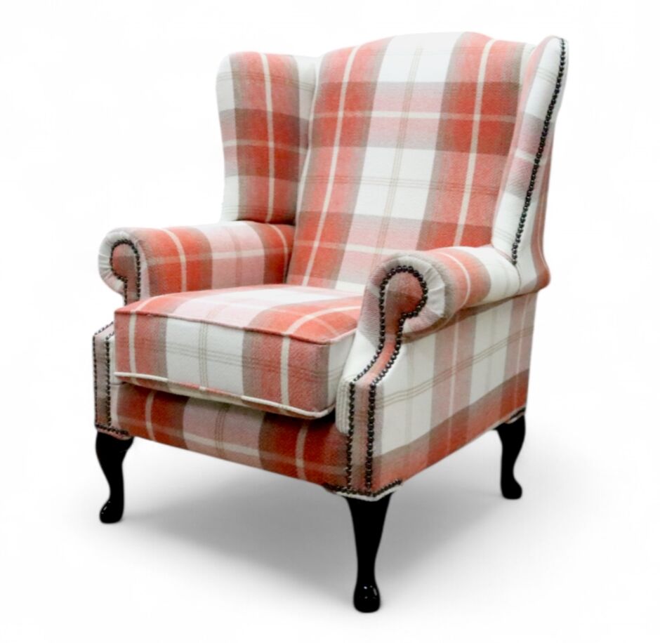 Chesterfield Saxon Mallory High Back Wing Chair Balmoral Burnt Orange Check P&S Fabric 2