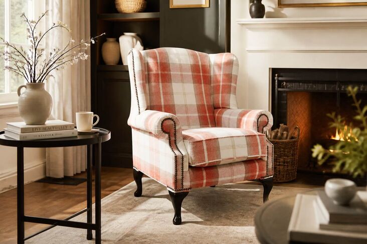 Chesterfield Saxon Mallory High Back Wing Chair Balmoral Burnt Orange Check P&S Fabric