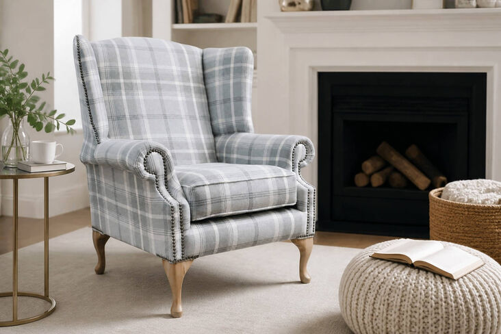 Chesterfield Saxon Mallory High Back Wing Chair Balmoral Dove Grey Check P&S Fabric