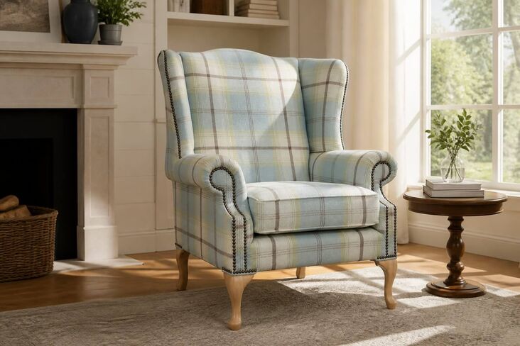 Chesterfield Saxon Mallory High Back Wing Chair Balmoral Duck Egg Check P&S Fabric