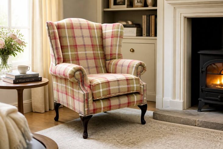 Chesterfield Saxon Mallory High Back Wing Chair Balmoral Heather Check P&S Fabric