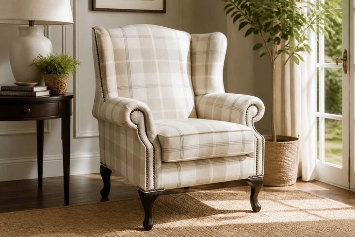 Chesterfield Saxon Mallory High Back Wing Chair Balmoral Natural Check P&S Fabric