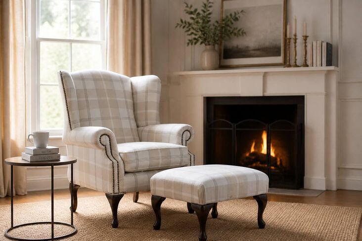Chesterfield Saxon Mallory High Back Wing Chair Balmoral Natural Check P&S Fabric + Footstool