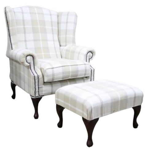 Chesterfield Saxon Mallory High Back Wing Chair Balmoral Natural Check P&S Fabric + Footstool