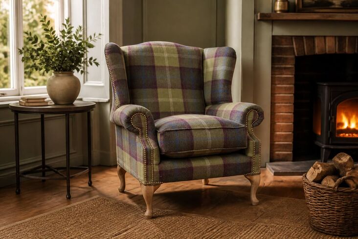 Chesterfield Saxon Mallory High Back Wing Chair Balmoral Pistachio Check P&S Fabric