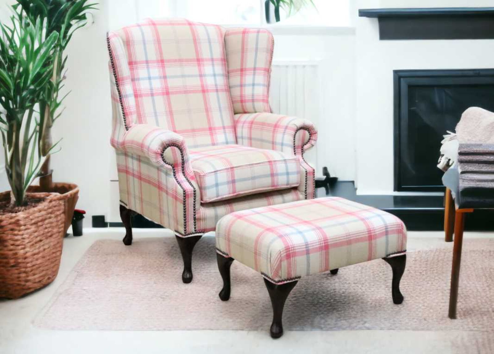 Product photograph of Chesterfield Saxon Mallory High Back Wing Chair Balmoral Sorbet Check P Amp S Fabric Footstool from Designer Sofas 4U