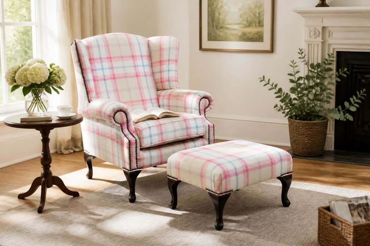 Chesterfield Saxon Mallory High Back Wing Chair Balmoral Sorbet Check P&S Fabric + Footstool