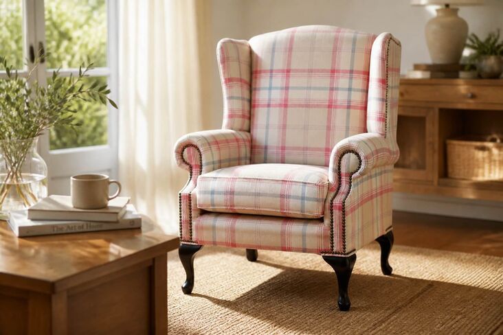 Chesterfield Saxon Mallory High Back Wing Chair Balmoral Sorbet Check P&S Fabric