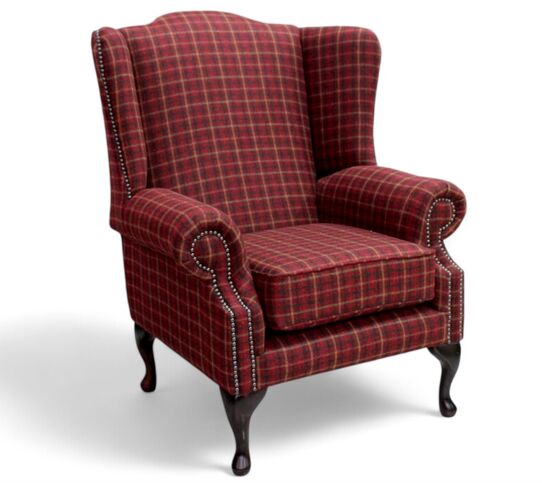 Chesterfield Saxon Mallory Wool Wing Chair Fireside High Back Armchair Balmoral Claret Check Tweed