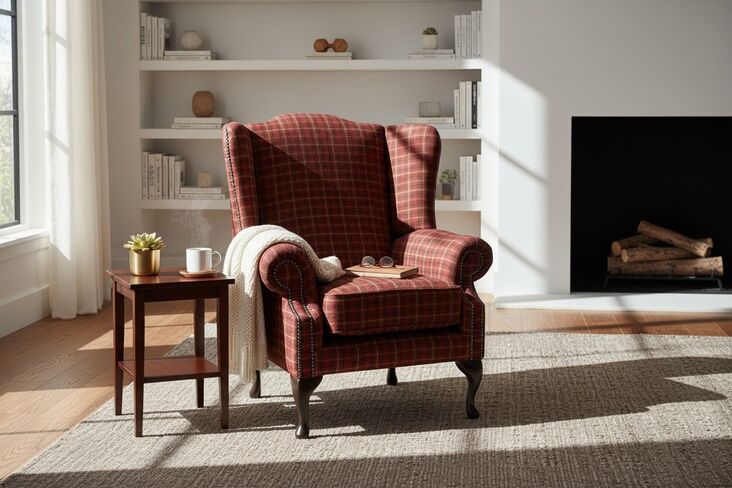 Chesterfield Saxon Mallory Wool Wing Chair Fireside High Back Armchair Balmoral Claret Check Tweed