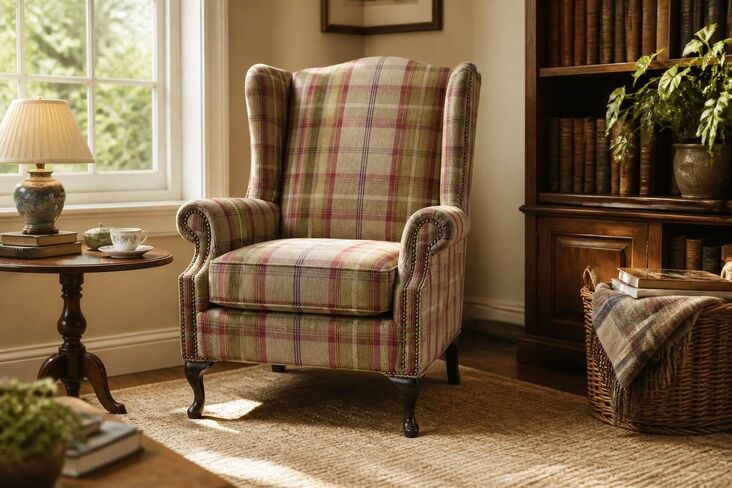 Chesterfield Saxon Prince's Mallory High Back Wing Chair Balmoral Heather Check P&S Fabric