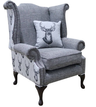 Chesterfield Saxon Queen Anne High Back Wing Chair Antler Stag Charcoal Grey Fabric