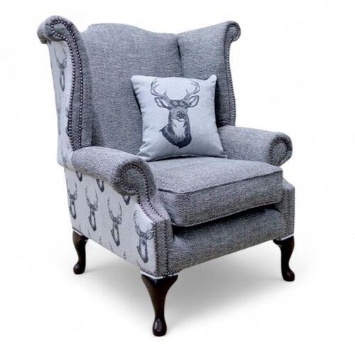 Chesterfield Saxon Queen Anne High Back Wing Chair Antler Stag Charcoal Grey Fabric