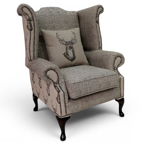 Chesterfield Saxon Queen Anne High Back Wing Chair Antler Stag Chocolate Brown Fabric