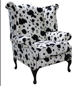 Chesterfield Saxon Queen Anne High Back Wing Chair Black Cow Animal Print