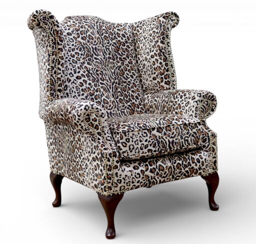 Chesterfield Saxon Brown Leopard Queen Anne High Back Wing Chair Animal Print Fabric