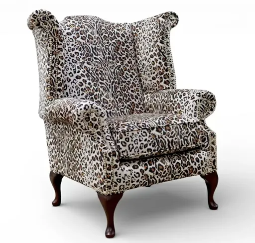Chesterfield Saxon Brown Leopard Queen Anne High Back Wing Chair Animal Print Fabric