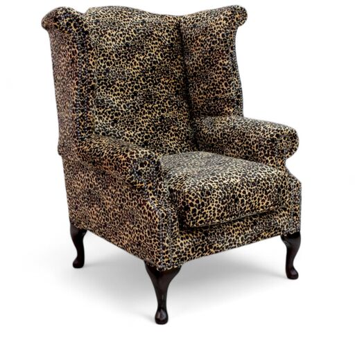 Chesterfield Saxon Queen Anne High Back Wing Chair Sand Leopard Animal Print Fabric