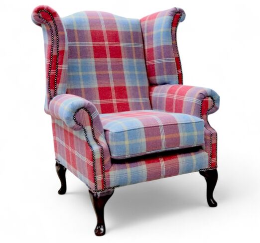 Chesterfield Saxon Queen Anne Wing Chair High Back Armchair Balmoral Ruby Check Fabric
