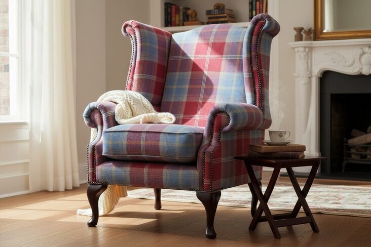 Chesterfield Saxon Queen Anne Wing Chair High Back Armchair Balmoral Ruby Check Fabric