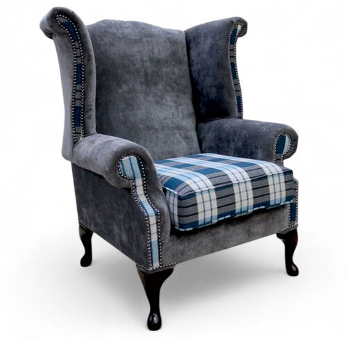 Chesterfield Saxon Queen Anne Wing Chair High Back Armchair Kintyre Teal Check And Slate Grey Fabric Fabric