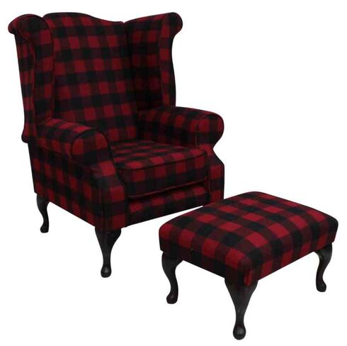Black and Red Check Wool Chesterfield Scroll High Back Armchair | DesignerSofas4U