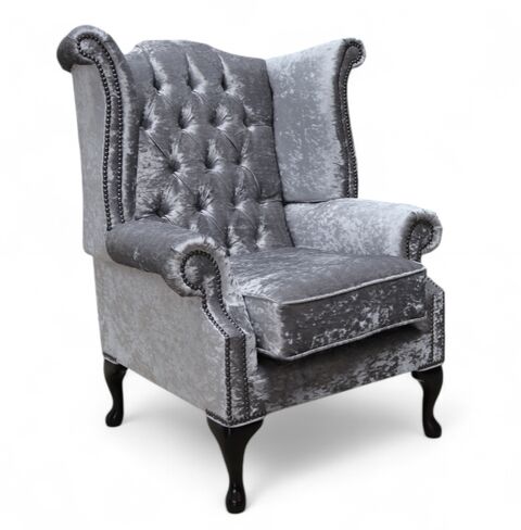 Chesterfield Silver Velvet Queen Anne Chair