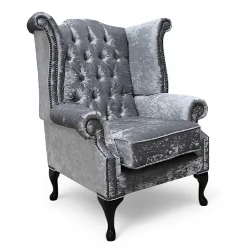 Chesterfield Silver Velvet Queen Anne Chair