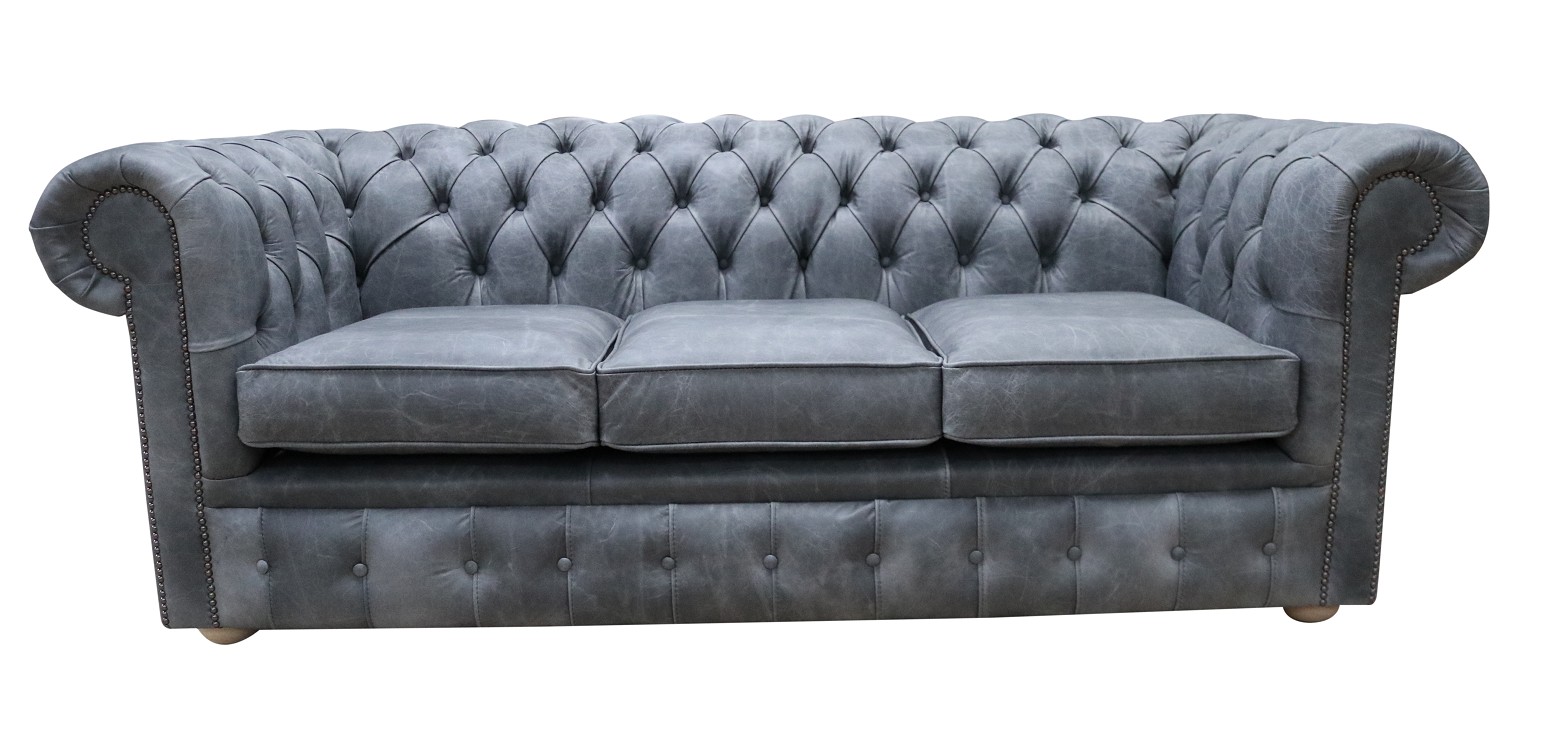 Ash Grey Chesterfield 3 Seater Settee, Grey Leather Couch