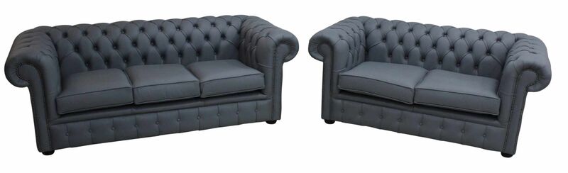 Product photograph of Chesterfield 3 Seater 2 Seater Shelly Piping Grey Leather Amp Hellip from Designer Sofas 4U
