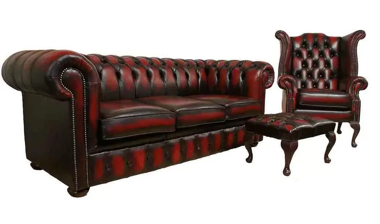 Chesterfield 3 Seater + Queen Anne Chair + Footstool Real Antique Leather Suite Offer