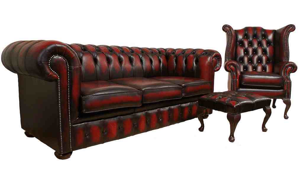 Footstool Real Antique Leather Suite Offer, Real Leather Chesterfield Sofa