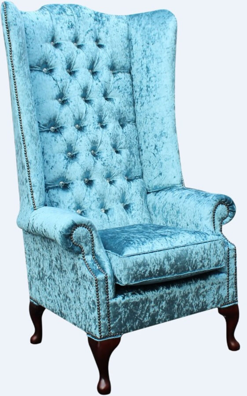Product photograph of Chesterfield Soho 5ft Crystal Diamante High Back Wing Chair Shimmer Aqua Blue Velvet from Designer Sofas 4U