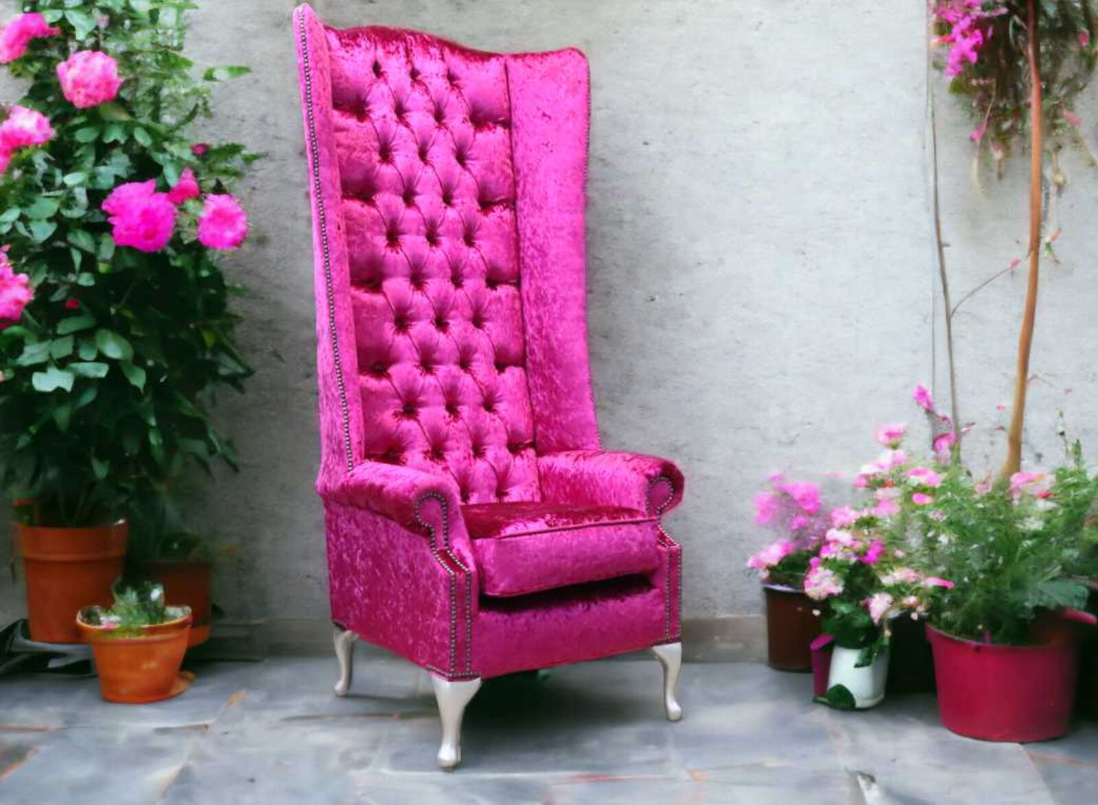 Product photograph of Chesterfield Soho 6ft Velvet High Back Wing Chair Shimmer Fuchsia Pink from Designer Sofas 4U