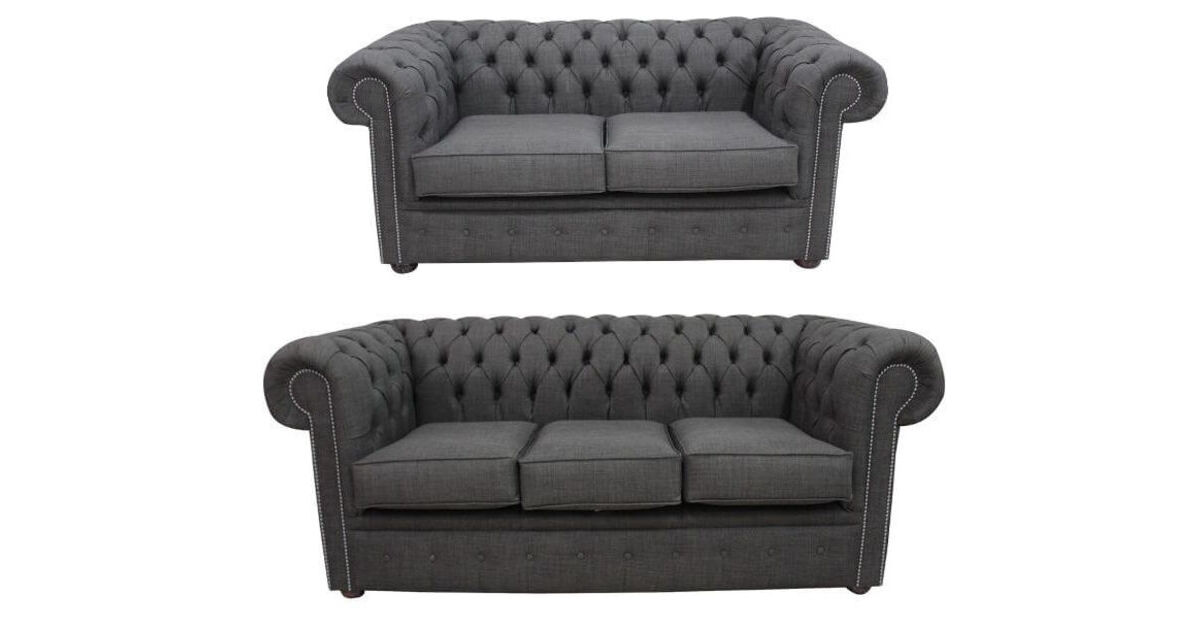 2 Seater Sofa Suite Charles Linen, Charcoal Gray Chesterfield Sofa