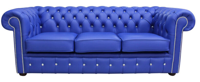 Chesterfield Crystal Diamond Diamante Crystal 3 Seater Deep Ultramarine Blue Leather Sofa Offer