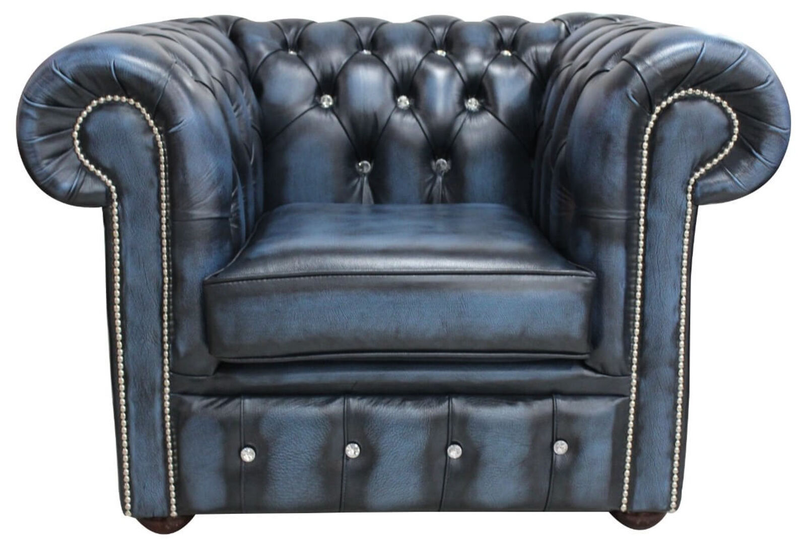 Product photograph of Chesterfield Crystallized Elements Low Back Armchair Antique Blue Leather from Designer Sofas 4U