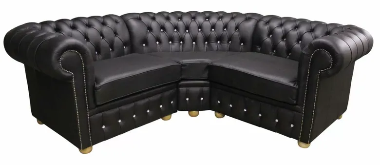 Chesterfield Corner Crystal Sofa Unit Cushioned 1 Seater + Corner + 1 Seater Black Leather