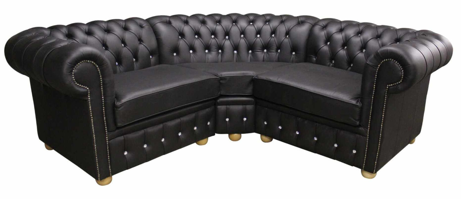 Product photograph of Chesterfield Corner Crystal Sofa Unit Cushioned 1 Seater Corner 1 Seater Black Leather from Designer Sofas 4U