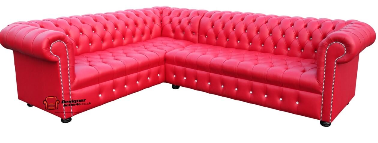 Chesterfield Corner Group Unit Sofa Crystal Diamante Buttoned Red Leather Sofa