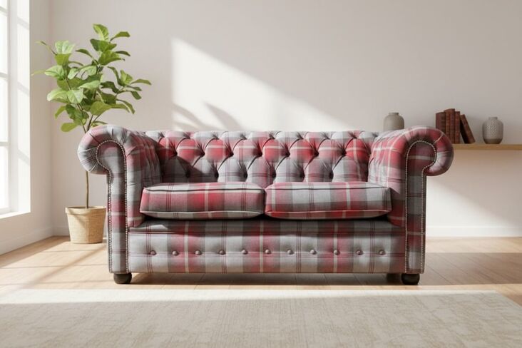 Chesterfield Tartan 2 Seater Sofa Balmoral Cherry Fabric