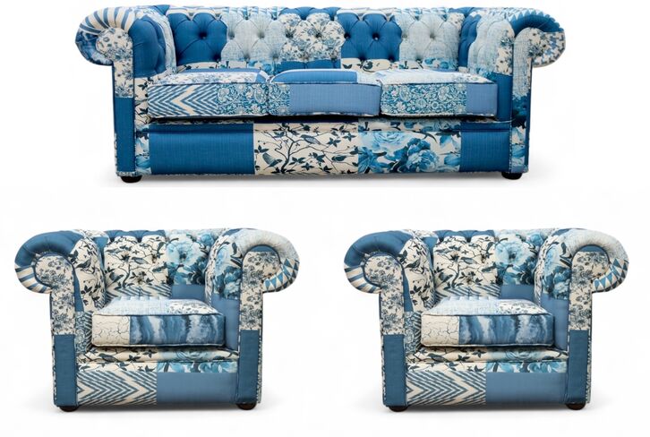 Chesterfield Thomas 3+1+1 Charles Patchwork Blue Sofa Suite Offer