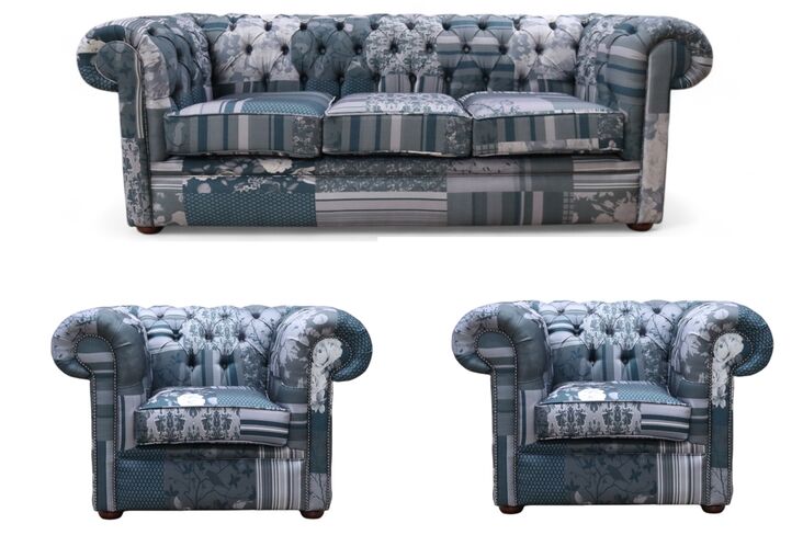 Chesterfield Thomas 3 + Club Chair + Club Chair Charles Patchwork Grey Sofa Offer