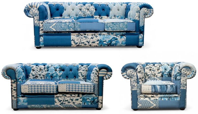 Chesterfield Thomas 3+2+1 Charles Patchwork Blue Sofa Suite Offer