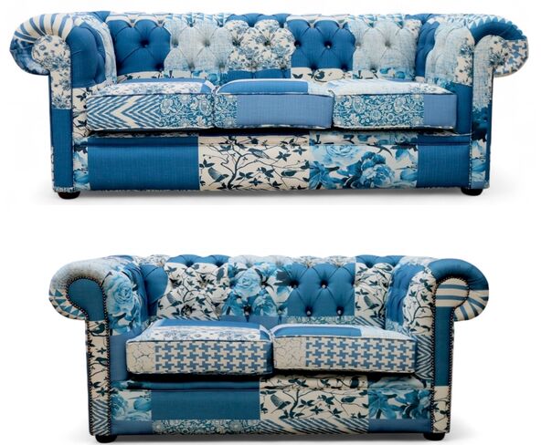 Chesterfield Thomas 3+2 Charles Patchwork Blue Sofa Suite Offer