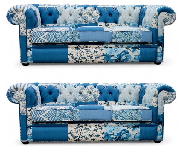 Chesterfield Thomas 3+3 Charles Patchwork Blue Sofa Suite – Vintage-Inspired Statement Furniture