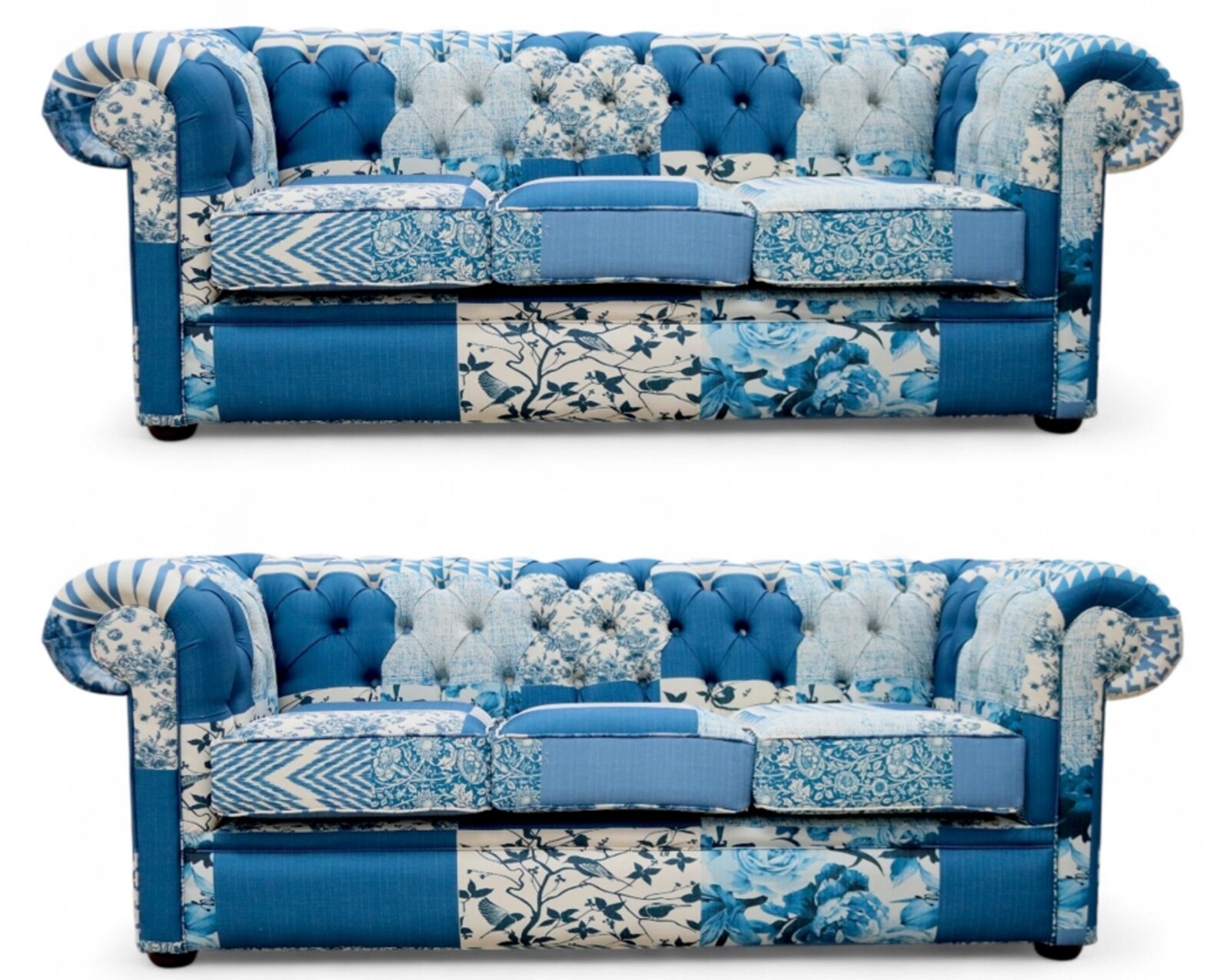 Chesterfield Thomas 3+3 Charles Patchwork Blue Sofa Suite Vintage-Inspired Statement Furniture