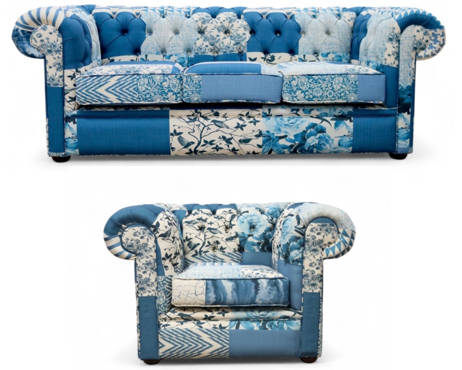 Chesterfield Thomas 3 + Club Chair Charles Patchwork Blue Sofa Suite Offer