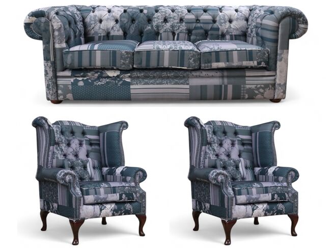Chesterfield Thomas 3 + Queen Anne + Queen Anne Chair Charles Patchwork Grey Sofa Offer