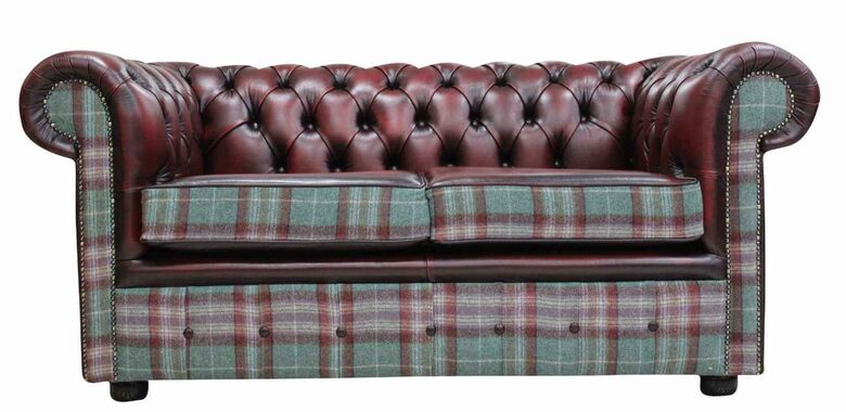 Chesterfield 2 Seater Threshfield Jade Check Wool & Antique Oxblood Leather Sofa Offer